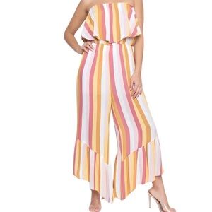 Blue Blush Striped Off Shoulder Wide Leg Jumpsuit Womens S Resort Boho Flare Leg